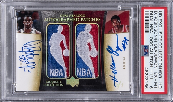 2004-05 UD "Exquisite Collection" Dual NBA Logo Autographed Patches #DR-HO David Robinson/Hakeem Olajuwon Dual-Signed Game Used Logoman Patch Card (#1/1) – PSA EX-MT 6